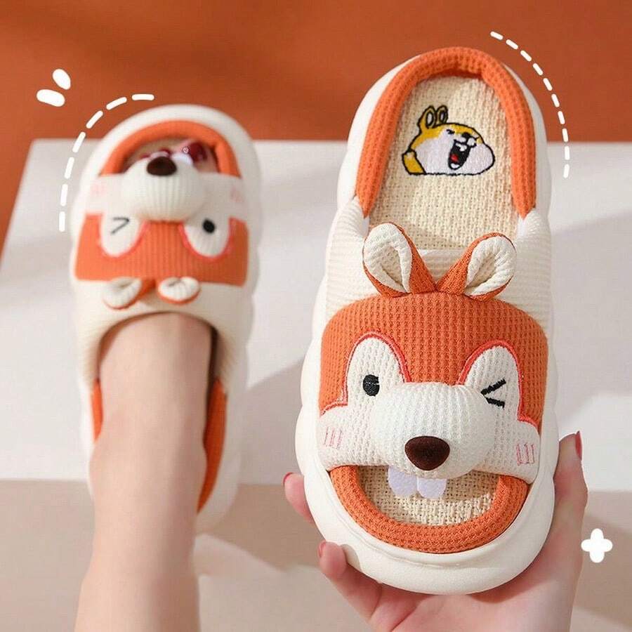 Zapatillas de Lino cómodas de Suela Gruesa, Zapatillas Antideslizantes para Interiores con Animales de Ardilla Bonitos, Zapatos de casa para Hombres y Mujeres para Las Cuatro Estaciones - Naranja - Ver 1
