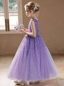 少女紫色亮片奢华连衣裙，蓬松薄纱生日/婚礼派对礼服 - 紫色 - 查看 3