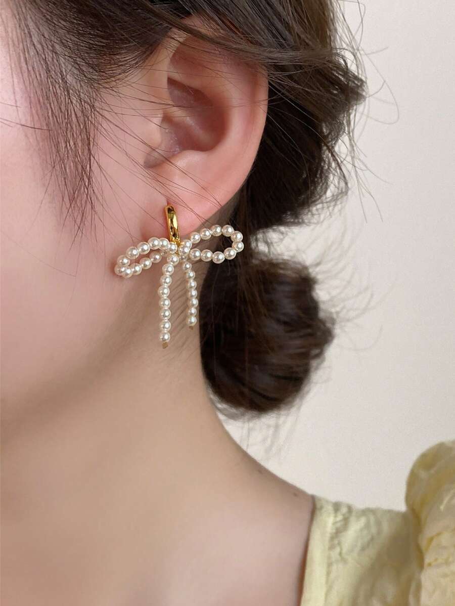 HOTNICE 1 Pair Of Ladylike Bowknot Pearl Earrings