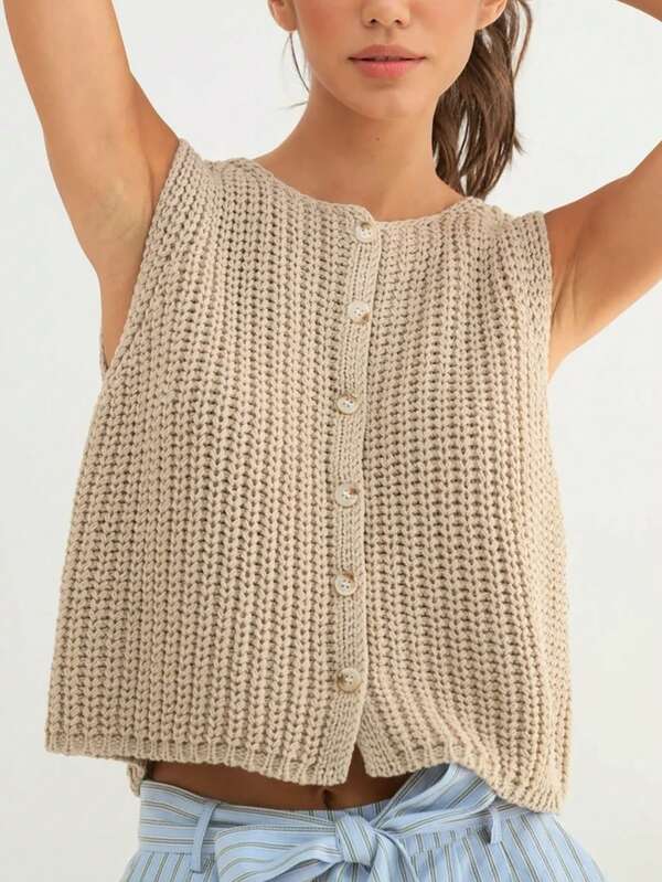 Casual Button-Down Solid Color Knit Sweater Vest, Minimalist Style