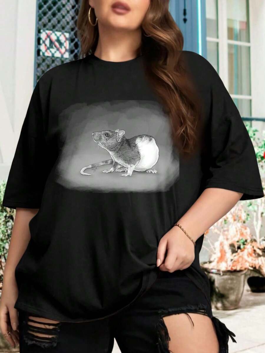 Cute Rat Oversize Women T-Shirt For Women Large Size B 72 Design Pet Rat Mouse Rodent - 黑色 - 查看 1