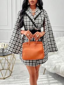 Pointed Collar Open Slit Sleeve Thick Tweed Jacket - Black and White - View 4