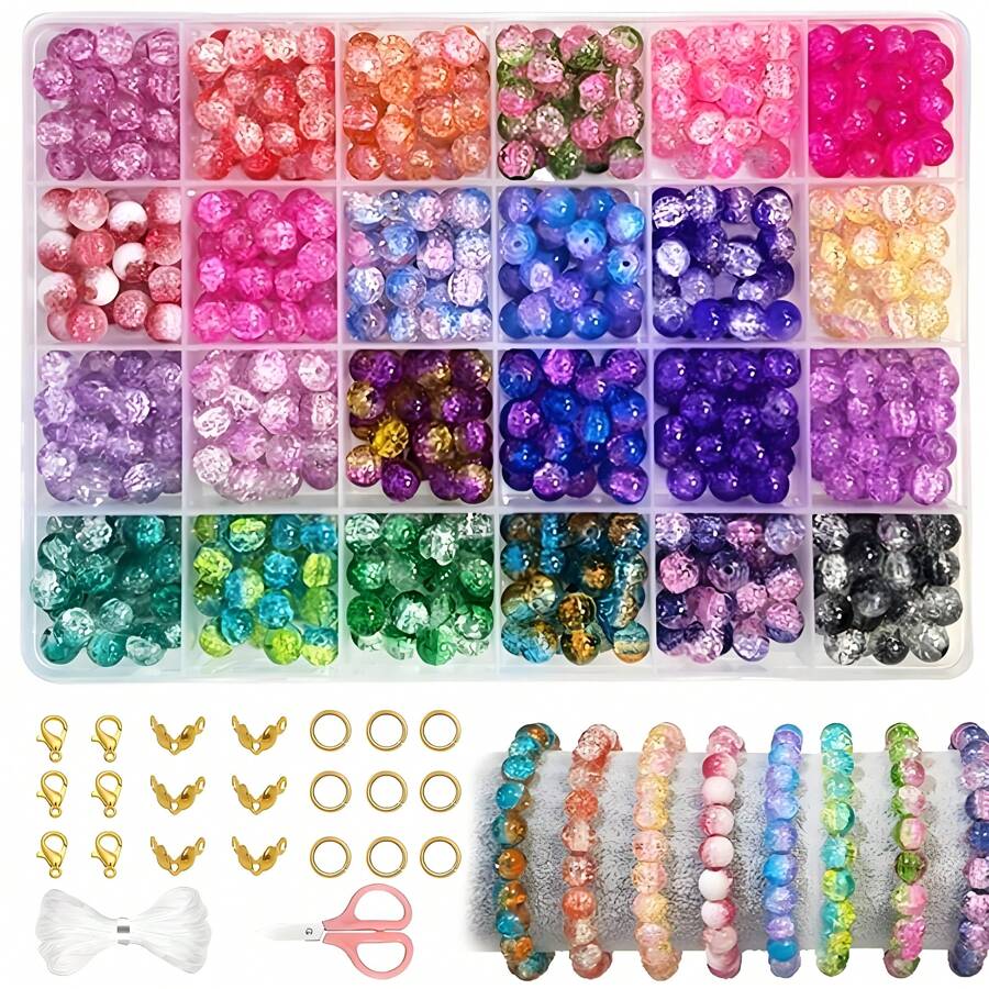 360pcs/720pcs 8mm Two-Color Crackle Glass Beads Jewelry Making Kit With Scissors, Elastic Wire, Lobster Clasp, Jump Ring For Handmade DIY Jewelry Bracelet, Earrings, Necklace Making (Random Colors) - Gradient Two-color - View 1