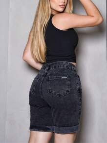 Wide Baggy Bermuda Jeans With Turned Hem - 黑色 - 查看 2