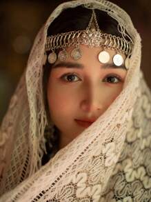 1pc Vintage European-American Geometric Headdress With Rhinestone Metal Coin & Tassel Pendant Hair Accessory - Silver - View 3