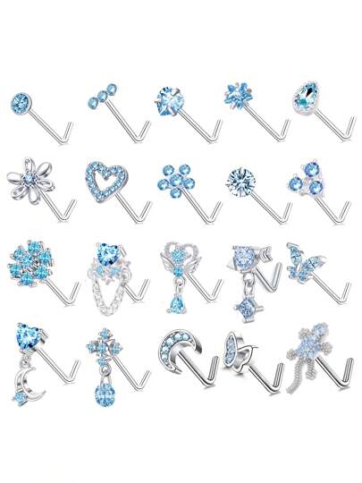 20pcs/20g Stainless Steel L-Shaped Stud Earrings With CZ Butterfly, Star, Moon, Heart, Flower Pendants, Suitable For Daily Wear And Gifts, Pink/White/Blue