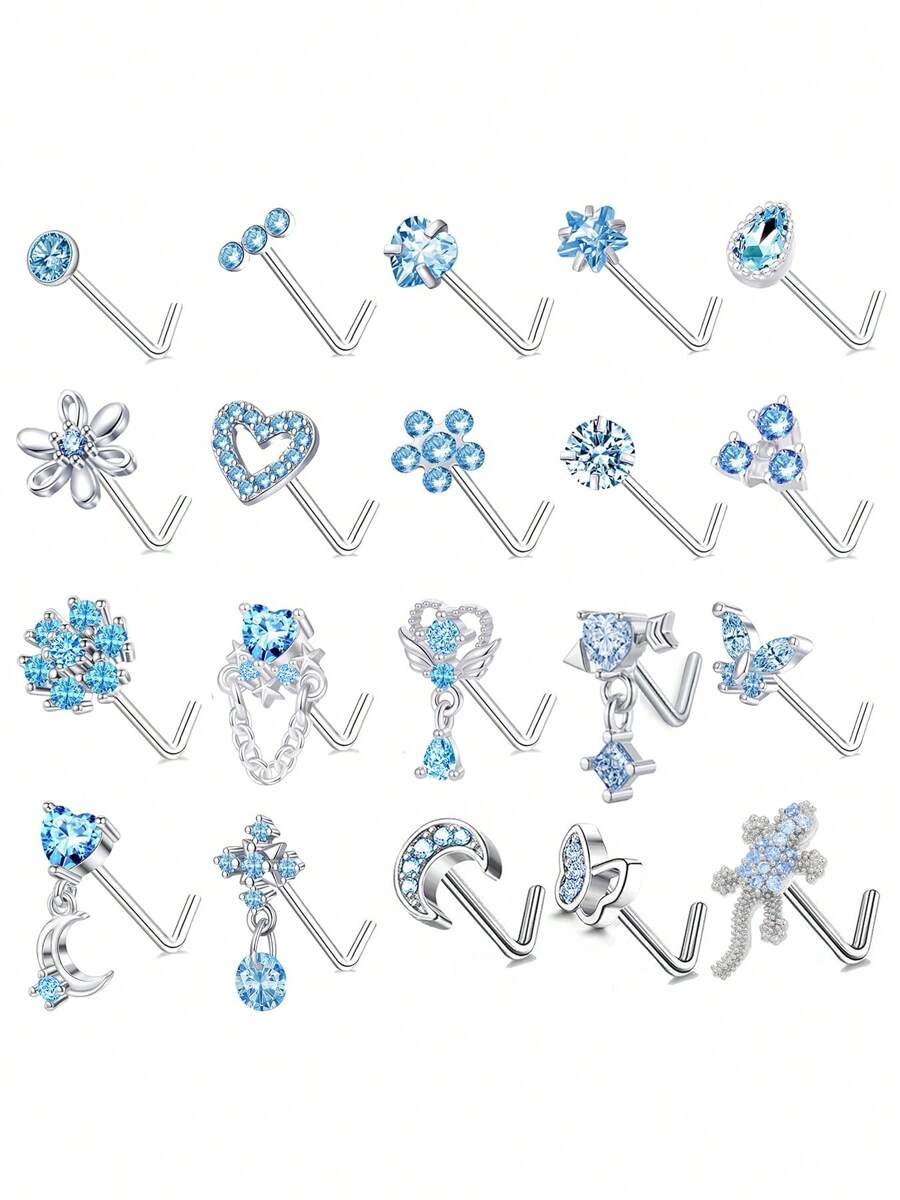 20pcs/20G Stainless Steel L-Shaped Stud Earrings With CZ Butterfly, Star, Moon, Heart And Flower Pendant, Suitable For Daily Wear And Gifts, Pink/White/Blue - Blue - View 1