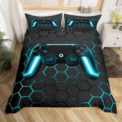3pcs Video Game Duvet Cover Set, Reversible Bedding Set With Game Controller, Geometric, Honeycomb Design, Room Decor, Suitable For Holidays, Gamers, Bedroom, Includes 2 Pillow Shams