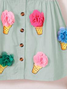 Rochie țesătă cu imprimeu cu înghețată pentru fetiță, cu decor floral 3D, culoare albă proaspătă, drăguță și unică, potrivită pentru adunări de familie, ieșiri ocazionale, țesătură moale și respirabilă pentru a păstra fetițele răcoroase vara, se potrivește fetelor de 4-7 ani, primăvară/vară