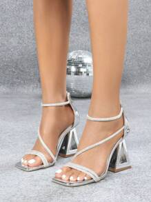 Fashionable Women High Heel Sandals With Rhinestone Straps, Backzip Closure Design Minimalist Strap Square Toe Sandals Silver Metallic Triangular Heel High Heel Sandals Chic Metallic Outdoor Summer Regular Sandals Women Silver Sandals