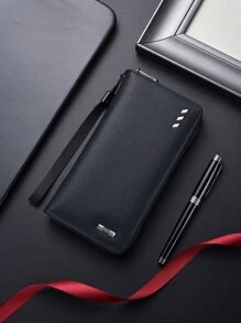 SHABILI 1pc Plain Color PU Leather Large Capacity Zipper Wallet Business Clutch Bag Suitable Commute And Daily Use Wallet Purse Wallet Long Wallet Wallet Wristlet - Dusty Blue - View 6