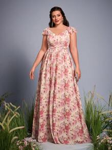Plus Floral Print Ruched Bridesmaid Dress - Pink - View 1