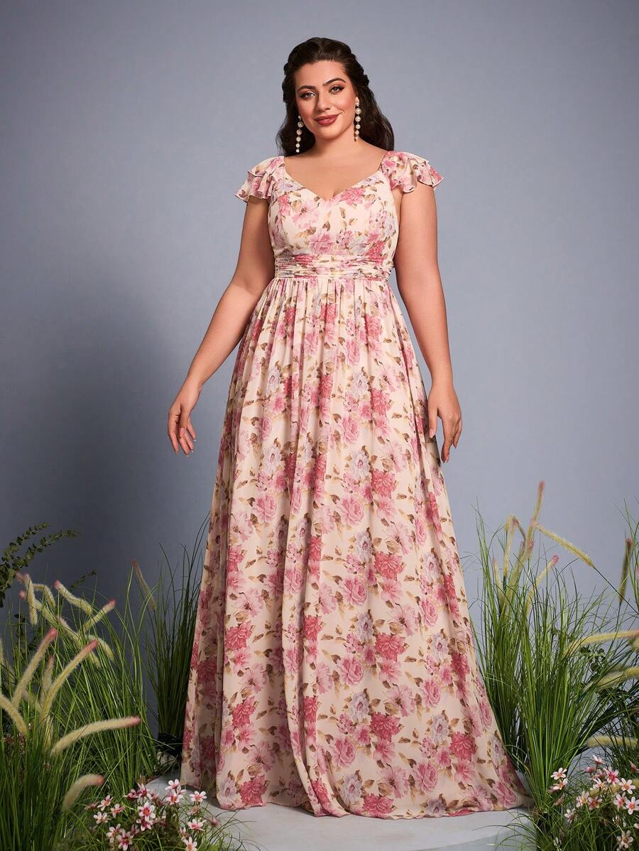 Plus Floral Print Ruched Bridesmaid Dress - Pink - View 1