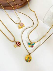 1 件春季新款时尚女士不锈钢彩色吊坠项链，大象、鱼、蝴蝶、圆形吊坠设计，手工珐琅釉制作，时尚简约奢华日常百搭多层女士项链 - 金色 - 查看 14