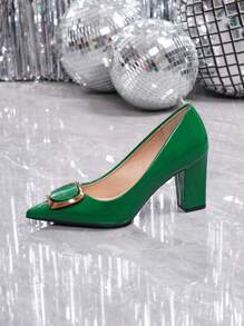 Women's Plus Size Fashion Green Pointed Toe Decor Solid Color Comfortable Chunky High Heel Shoes, Autumn/Winter - Green - View 3