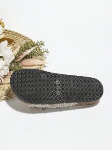 Wide Fit Beige And Black Rhinestone Studded Slip-On Flat Sandals, Casual Home, Beach, Vacation Wear, Wooden Texture Mule Slippers - Apricot - View 7