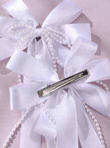 2 piezas/6 piezas Pinzas para el cabello con lazo y perla para niñas - Blanco - Ver 4
