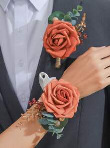 2 件玫瑰花配人造绿植胸花和腕带套装，浪漫森系风格，适合婚礼、正式活动、派对和典礼 - A - 查看 12