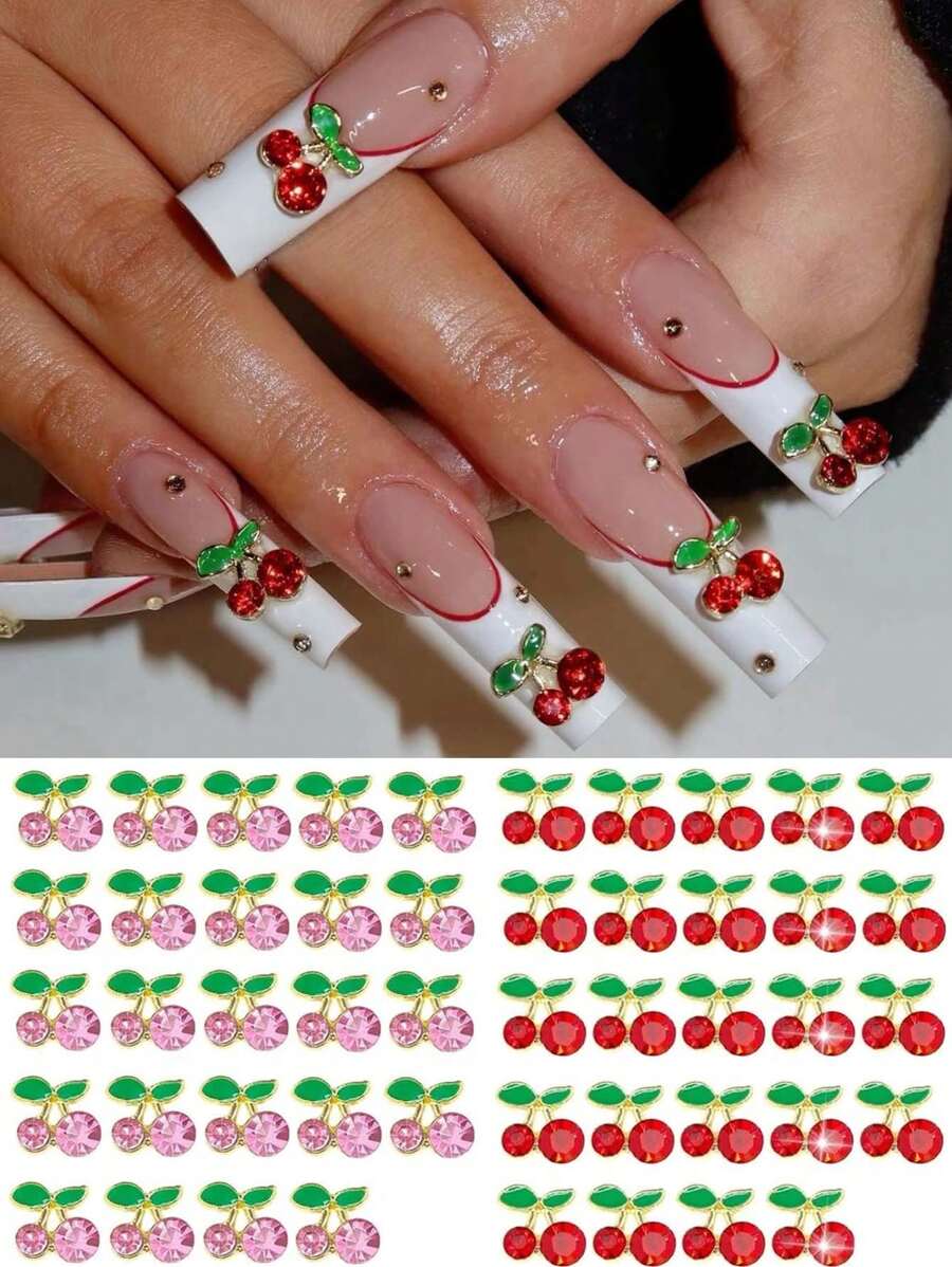 50 piezas Decoraciones 3D de cerezas para uñas, en 2 colores: rosa y rojo. Pegatinas 3D brillantes de arte de uñas con cerezas planas sin adhesivo y adorables