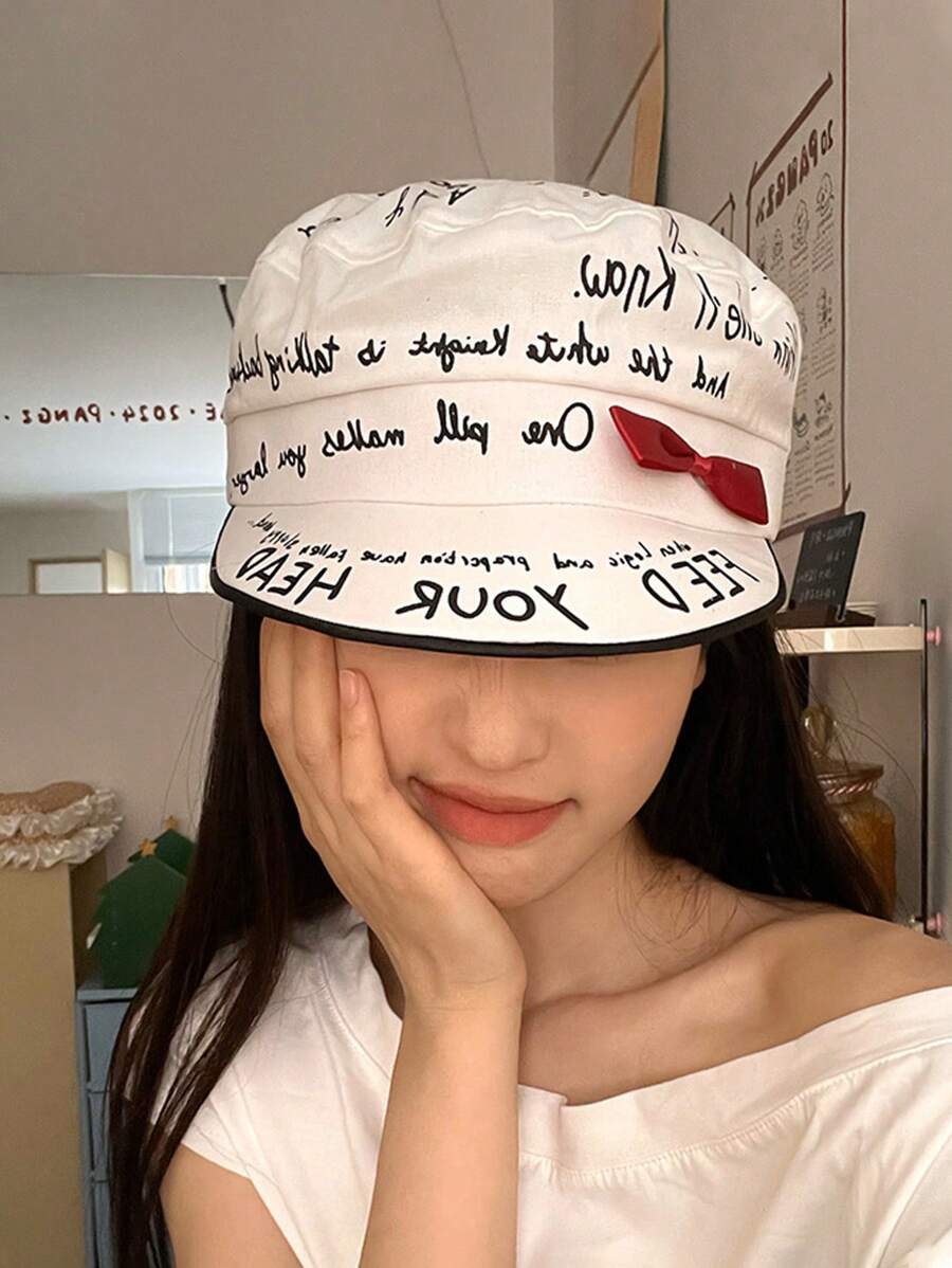 1pc Y2K Retro Flower Embroidery Forward Hat, Women's Printed Bow, Women's Street Appearance, Small Face, Versatile And Fashionable Beret