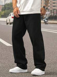 Men's Relaxed Fit Light Blue Straight Leg Jeans, Vintage Y2K Style, Simple & Versatile - Black - View 5