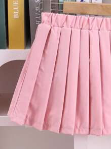 2pcs/Set Young Girl' Adorable 3D Floral Short Sleeve T-Shirt And Pleated Mini Skirt Set, Summer