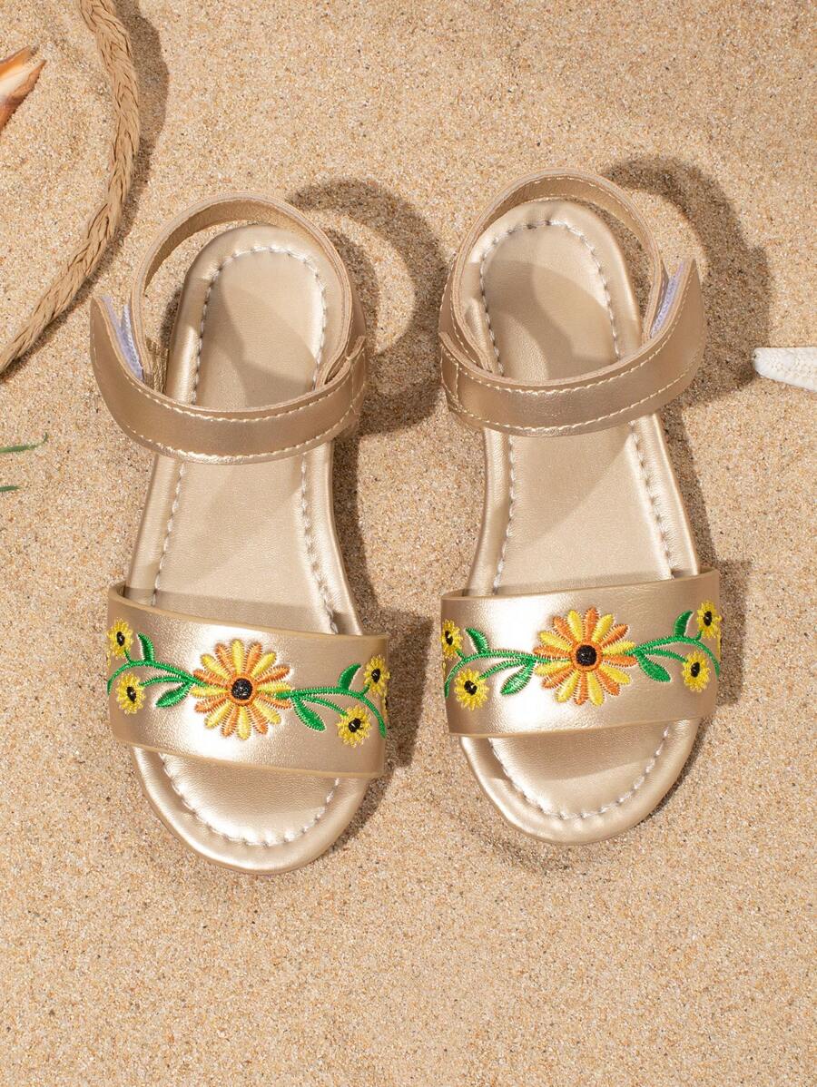 Sandalias bordadas para niños de moda de verano, zapatos planos antideslizantes para la playa, adecuados para uso al aire libre y diario