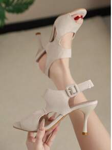 Sandalias de tacón alto blancas para mujer, sandalias de verano con puntera abierta y tirantes cruzados, zapatos de tacón alto para vestir y trabajo - Beis - Ver 2