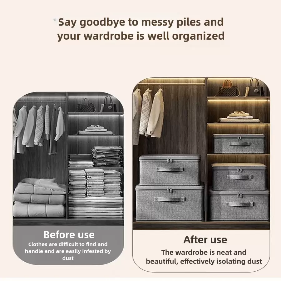 1pc Cationic Drawer Style Storage Box, Large & Small Size, Thick With Lid, Foldable Storage Container For Clothes Closet, Multi-Size Available - Light Grey - View 1