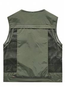 Men's Solid Color Sleeveless Zip-Up Tactical Vest, Casual Net Mesh Multi-Pocket Waistcoat, Outdoor Photography Fishing Jacket - Army Green - View 3