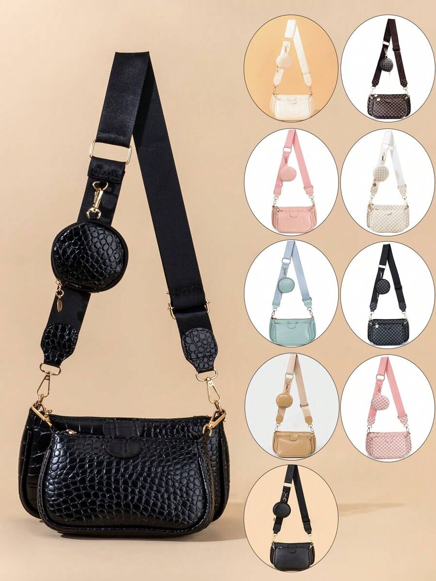 1 套女孩 3 件斜挎包、单肩包、零钱包、鳄鱼纹斜挎包、提花单肩包，适合日常使用、派对、理想礼物 - 三件套 - 查看 1