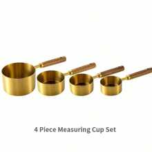 4 pièces Set de tasses et de cuillères de mesure dorées avec poignées en bois de rose, ensemble d'ustensiles de cuisine de cuisson, accessoires de cuisine