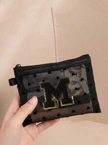 1 pieza Bolsa de malla transparente con forma de corazón linda, Mini bolsa de almacenamiento - Toalla con inicial bordada de la A a la Z, Bolsa cosmética portátil multifuncional para viajes, Bolsa de almacenamiento para maquillaje, cuidado de la piel y lápiz labial, Bolsa de cremallera de malla, Organizador de maquillaje para viajes