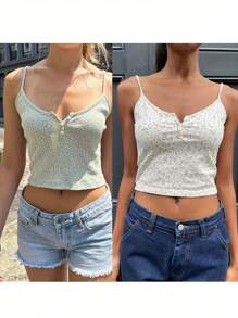 Women's Summer Slim Tank Tops Sleeveless Backless Button Up Floral Camisole Tops - Blue - View 3
