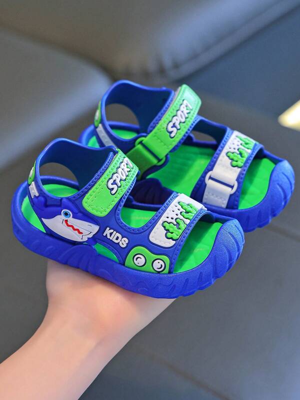 1 Pair Boys Cute Shark Design Blue Outdoor Sandals, Kids Summer Beach Slippers