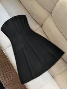 Spring/Summer New Tight Solid Color Faux Pocket Minimalist Women's Mini Dress, Easter Outfit, Essential For Spring Break - Black - View 9