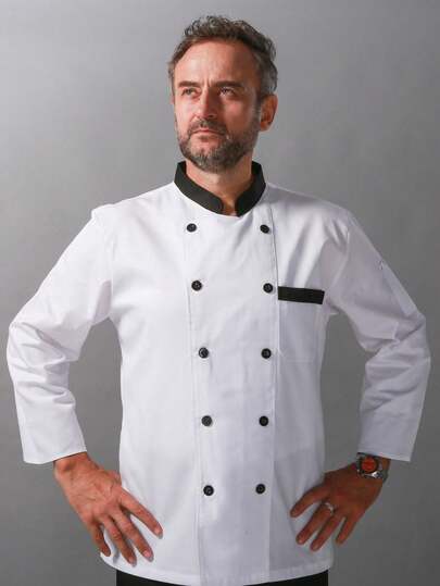 双排扣厨师夹克，长袖，男女通用，黑色，立领，专业舒适厨师制服