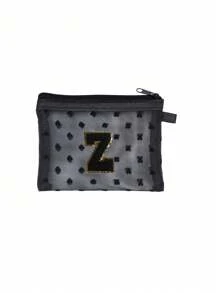 1 pieza Bolsa de malla transparente con forma de corazón linda, Mini bolsa de almacenamiento - Toalla con inicial bordada de la A a la Z, Bolsa cosmética portátil multifuncional para viajes, Bolsa de almacenamiento para maquillaje, cuidado de la piel y lápiz labial, Bolsa de cremallera de malla, Organizador de maquillaje para viajes