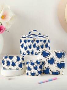 1pc/4pcs Cosmetic Bag Set, Blue Heart Pattern Printed Large Capacity Makeup Bag, Portable Cosmetic Storage Box, Travel Toiletry Bag, Toiletry Bag, Beach, Swimming Pool, Swimwear And Travel Storage Bag, Cosmetic Bag