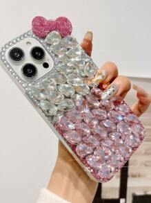 Étui de protection de téléphone en TPU de luxe brillant avec patch de strass, design nœud papillon rose minimaliste et élégant, compatible avec iPhone 11/12/13/14/15/16/Pro Max