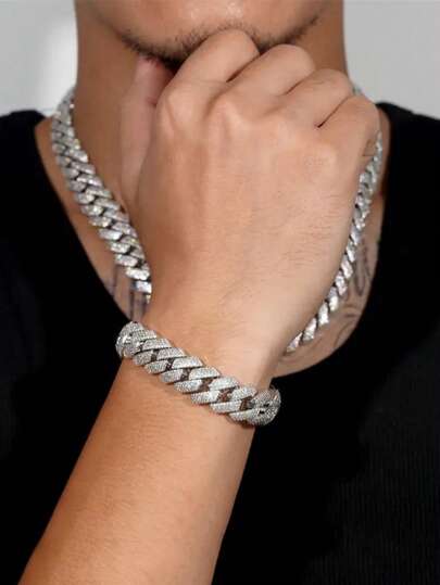 قلادة وسوار على شكل سلسلة بأسلوب الهيب هوب - مرصع بأحجار الراين اللامعة، سلسلة من السبيكة - مثالية للعيد الميلاد، قلادة الهيب هوب، البجودا، والموضة الأوروبية والأمريكية، مجوهرات باردة، أسلوب الراب