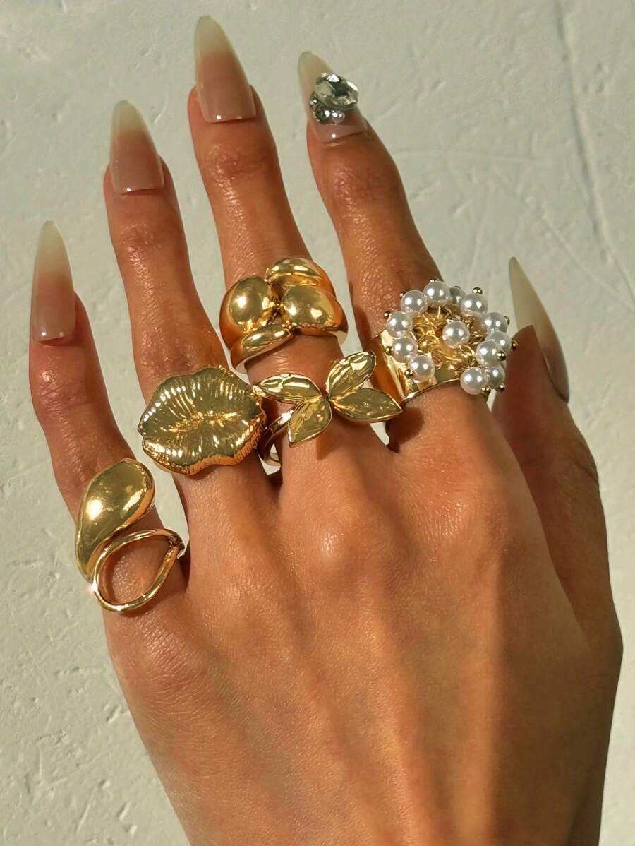 Set de 5 anillos de lujo únicos y elegantes con geometría exquisita, perlas falsas y mariposas y flores para los labios, adecuado para festivales, fiestas y uso diario