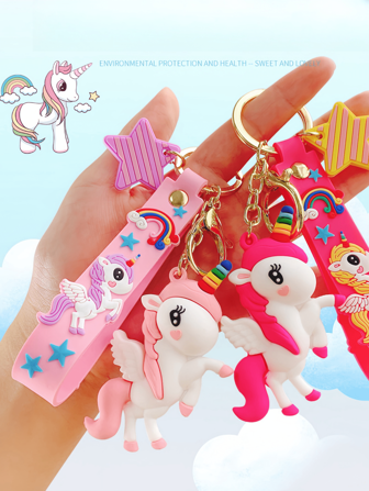 1 Piece of Cartoon Rainbow Horse Unicorn Nyckelring Hängande Väska Hänge Par Smycken Bil Nyckelring Present till vänner Släktingar Alla hjärtans dag Brudtärna presenter Snöre för nycklar