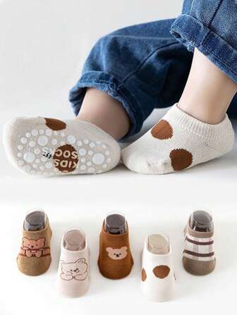5 paires de chaussettes bateau antidérapantes pour bébés et tout-petits, avec motif animal de dessin animé, printemps/automne