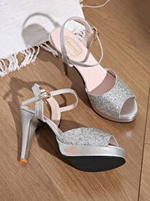 Plus Size Women's High Heel Sandals, Fashionable Thin Heel Glitter Platform Dress Shoes, Fairy Style Crystal Embellish Ladies Sandals