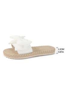 女士平底凉鞋，可爱米色和白色蝴蝶结圆头夏季沙滩拖鞋，舒适系带仿亚麻鞋底凉鞋 - 白色 - 查看 5