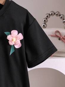 2pcs/Set Young Girl' Adorable 3D Floral Short Sleeve T-Shirt And Pleated Mini Skirt Set, Summer