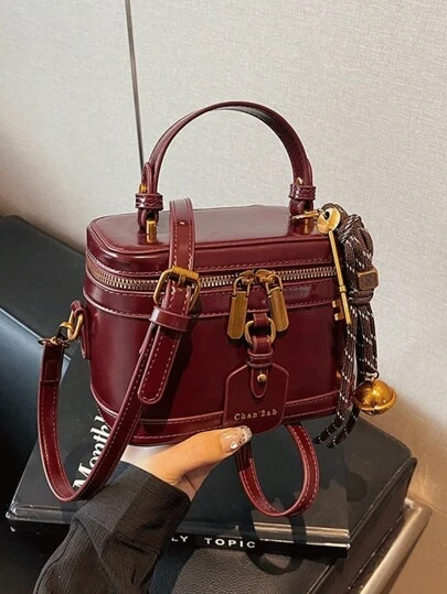 经典小丑图案PU防水手提包，含盒子和包袋套装，酒红色，带吊坠装饰，可调节肩带，适合旅行和购物