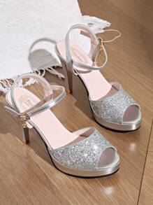 Plus Size Women's High Heel Sandals, Fashionable Thin Heel Glitter Platform Dress Shoes, Fairy Style Crystal Embellish Ladies Sandals