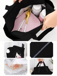 White Letters A~Z Printed With Flowers Lunch Bag For Women Men,With A Black Cutlery Storage Bag, Leakproof Insulated Soft Large Lunch Cooler Bag - Reusable Lunch Bag ,Solid Color Tableware Storage , Leak-Proof Portable Fabric Tableware Bag